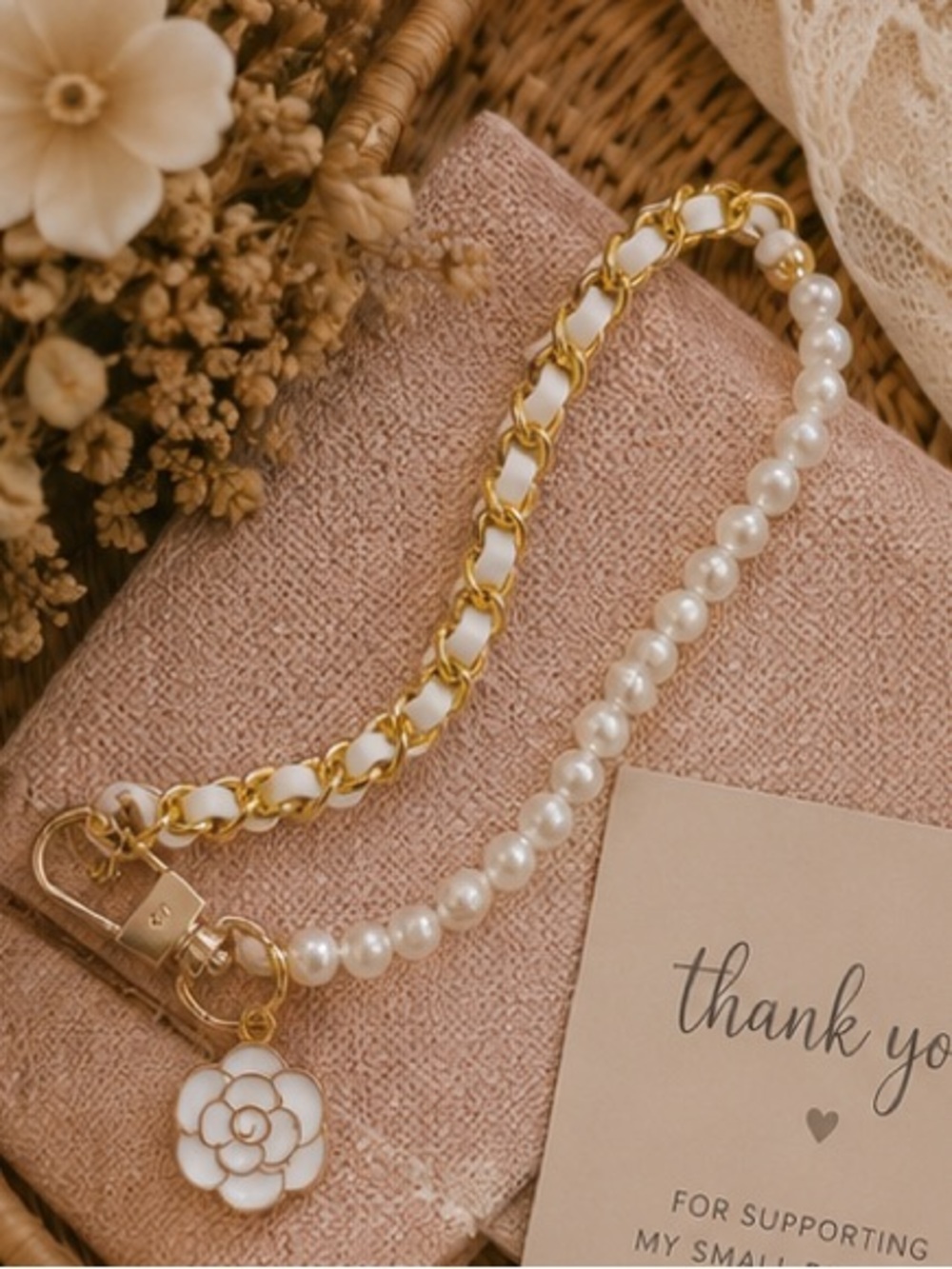 Designer Inspired Pearl & Gold Chain Purse Strap with Camellia Charm